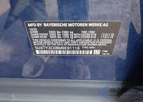 2021 BMW X3 Sdrive30I z USA, uszkodzony, nr VIN 5UXTY3C08M9E91116